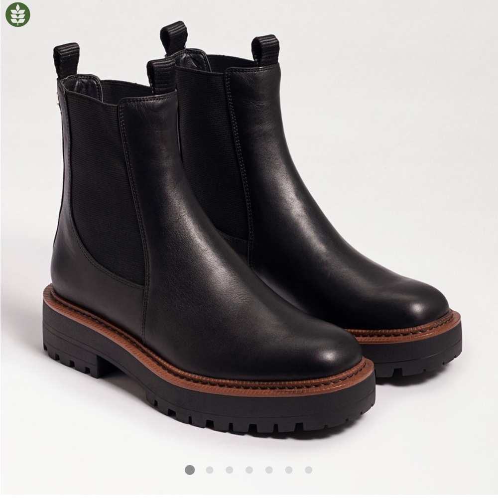 Sam Edelman Black Leather Chelsea Lug Booties with Brown Welt